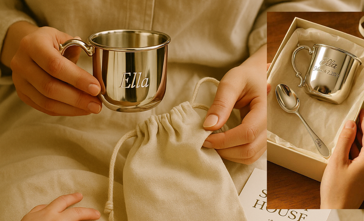 Silver baby cup with 'Ella' engraved, held by a person and shown in an open box with a spoon.