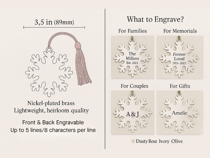 Set of 6 Personalized Christmas Ornaments Snowflake, Angel, Tree, Star, Dove, Snowman