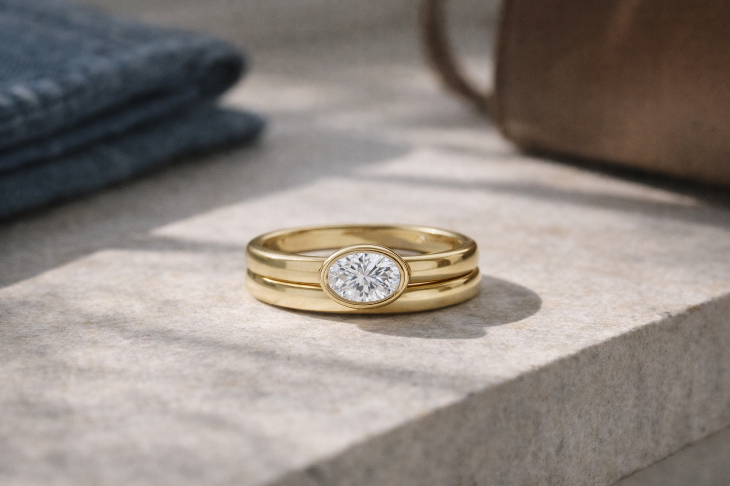 14K Yellow Gold Oval Bezel Diamond Engagement Ring