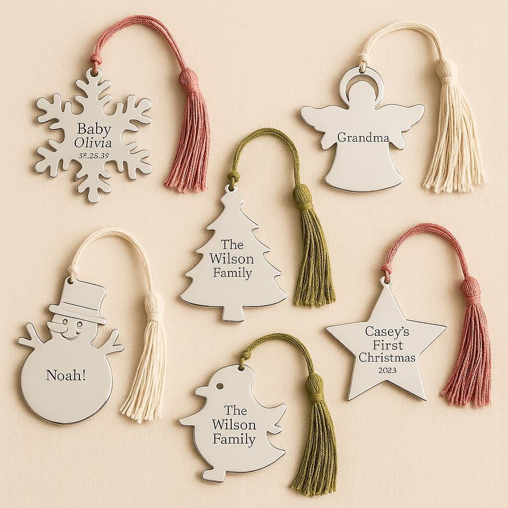 Set of 6 Personalized Christmas Ornaments Snowflake, Angel, Tree, Star, Dove, Snowman