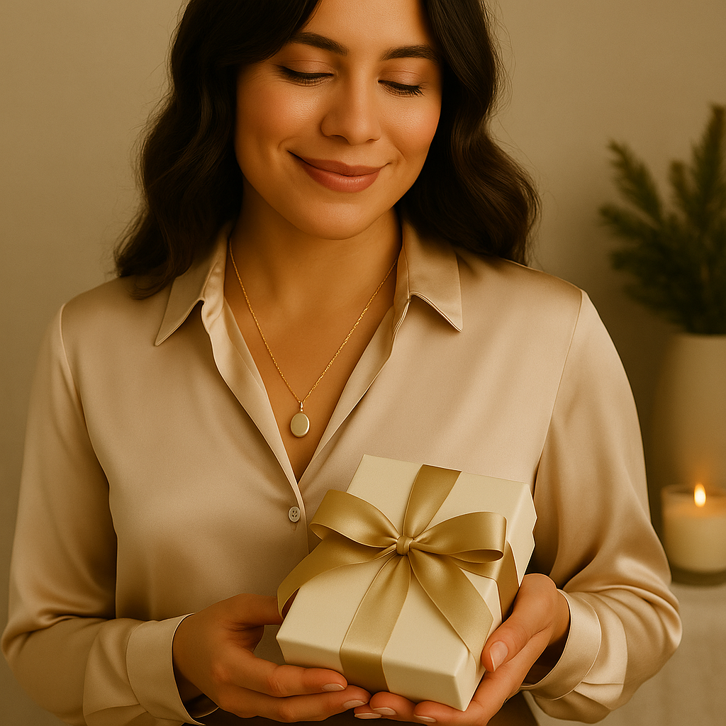 Woman holding a gift box with a gold ribbon in a warm indoor setting