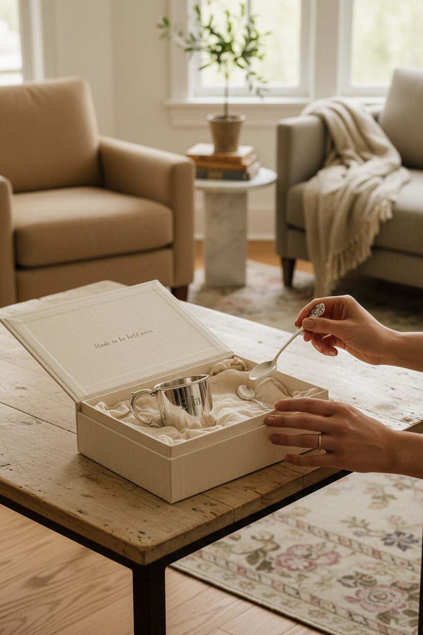 Person interacting with a silver cup and saucer set in a home setting